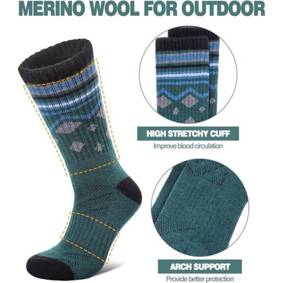 Merino Wool Hiking Socks for Women Men Thermal Winter Warm Thick Cushion - Picture 3 of 6